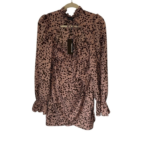 DUSTY PINK DALMATIAN TIE NECK PUFF SLEEVE WRAP SKIRT BODYCON DRESS SIZE MEDIUM - Picture 2 of 11